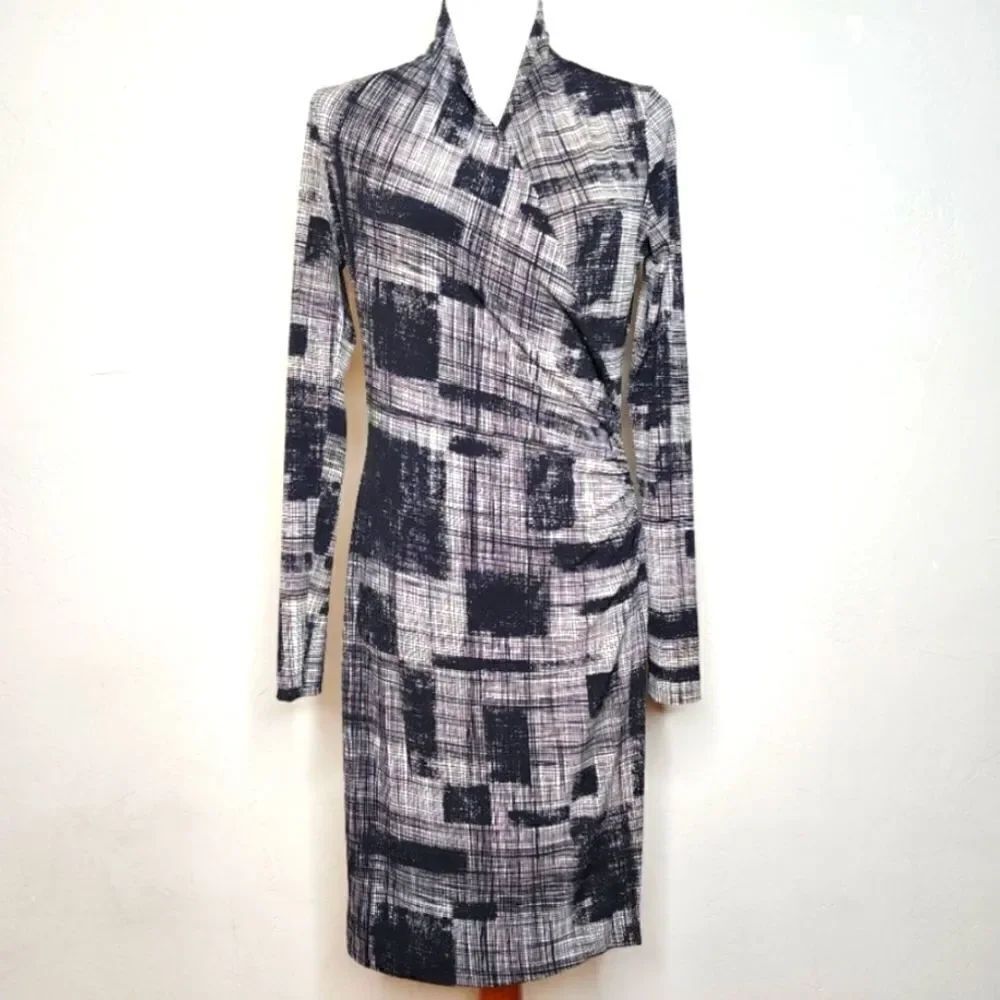 Norma Kamali Kulture Black White Jacquard Faux Wrap Dress Sz XL